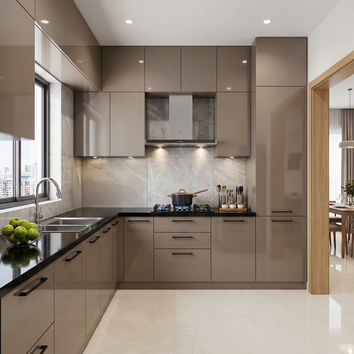L-Shaped Compact Kitchen with Integrated Built-in Oven & Chimney Hub #18